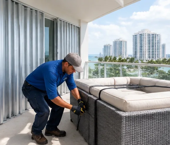 Worker securing outdoor furniture before a storm