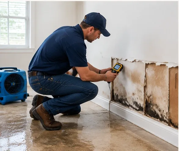 Repair professional assessing storm damage inside a home