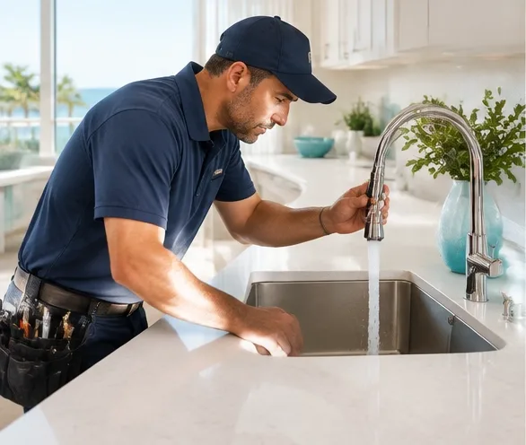Professional repair technician working in a home