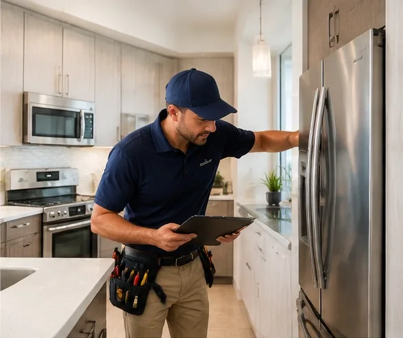 Technician inspecting a condo kitchen